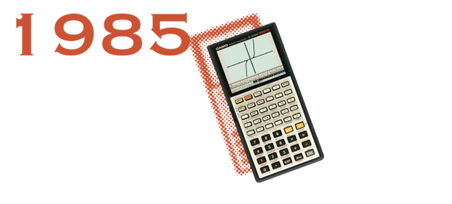 1985: Hochkant-Rechner mit großer digitaler Anzeige und kleinen Tasten mit unterschiedlichsten Rechen- und Grafikfunktionen darunter