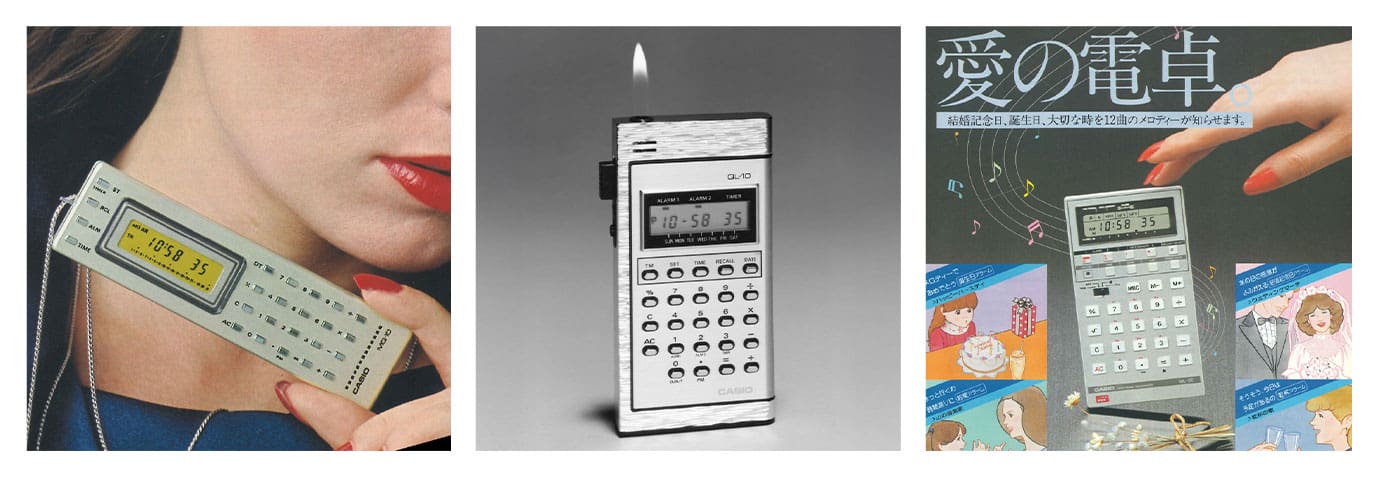 Collage dreier Bilder, die unterschiedliche CASIO Rechner-Innovationen zeigt: Der MQ-1, der sich mit einer Kette um den Hals trägen lässt, der silber-graue QL-10, der ein intergriertes Feuerzeug hat und der kleine, graue ML-90 Taschenrechner, der Melodien abspielen kann
