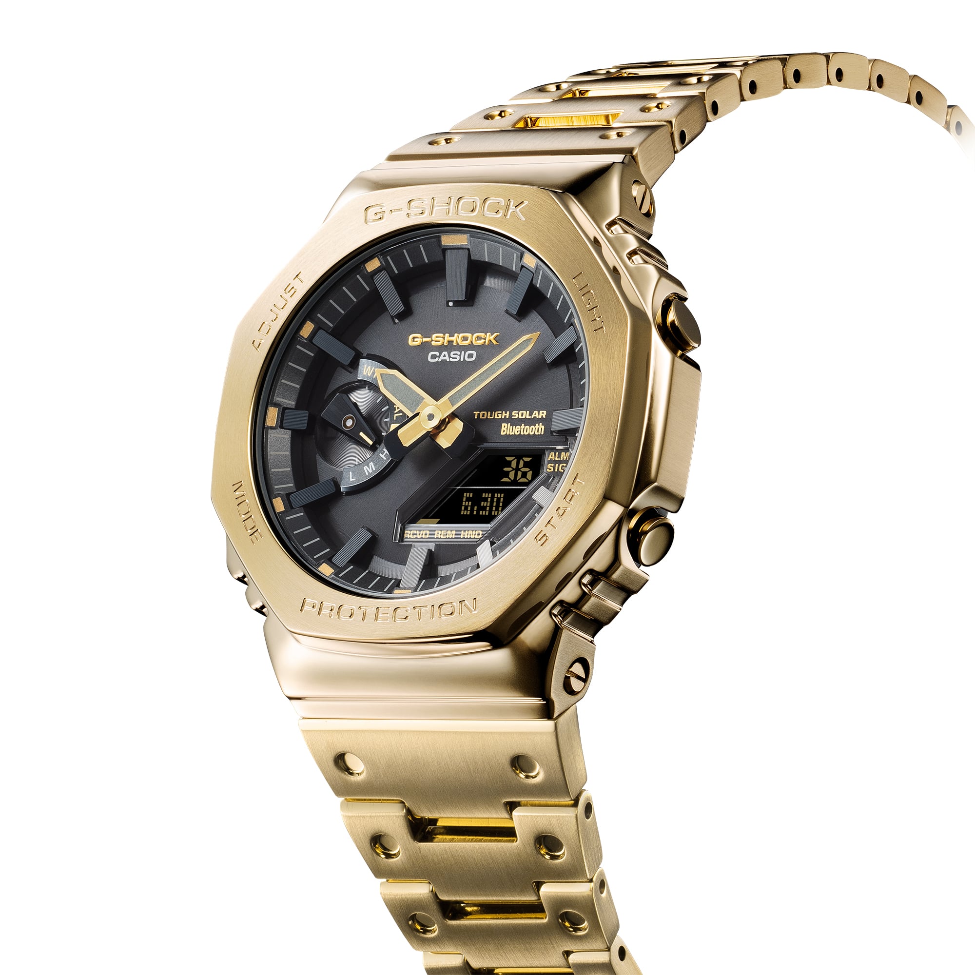 Seitenansicht der goldenen G-Shock Uhr mit schwarzer Lünette und achteckigem Gehäuse
