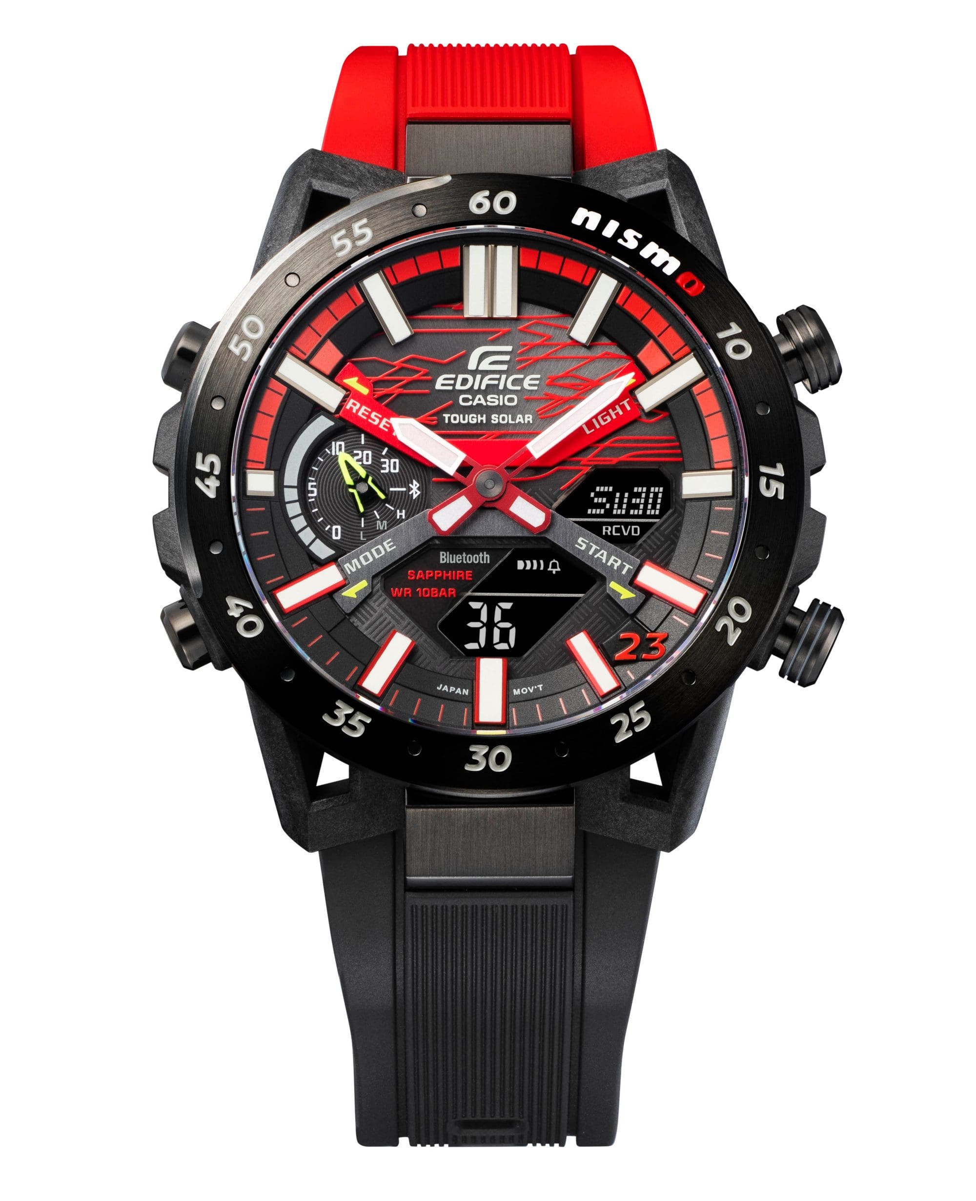 Edifice ECB-2000NIS Armbanduhr mit rot-schwarzem Resinarmband und runder, analoger Anzeige