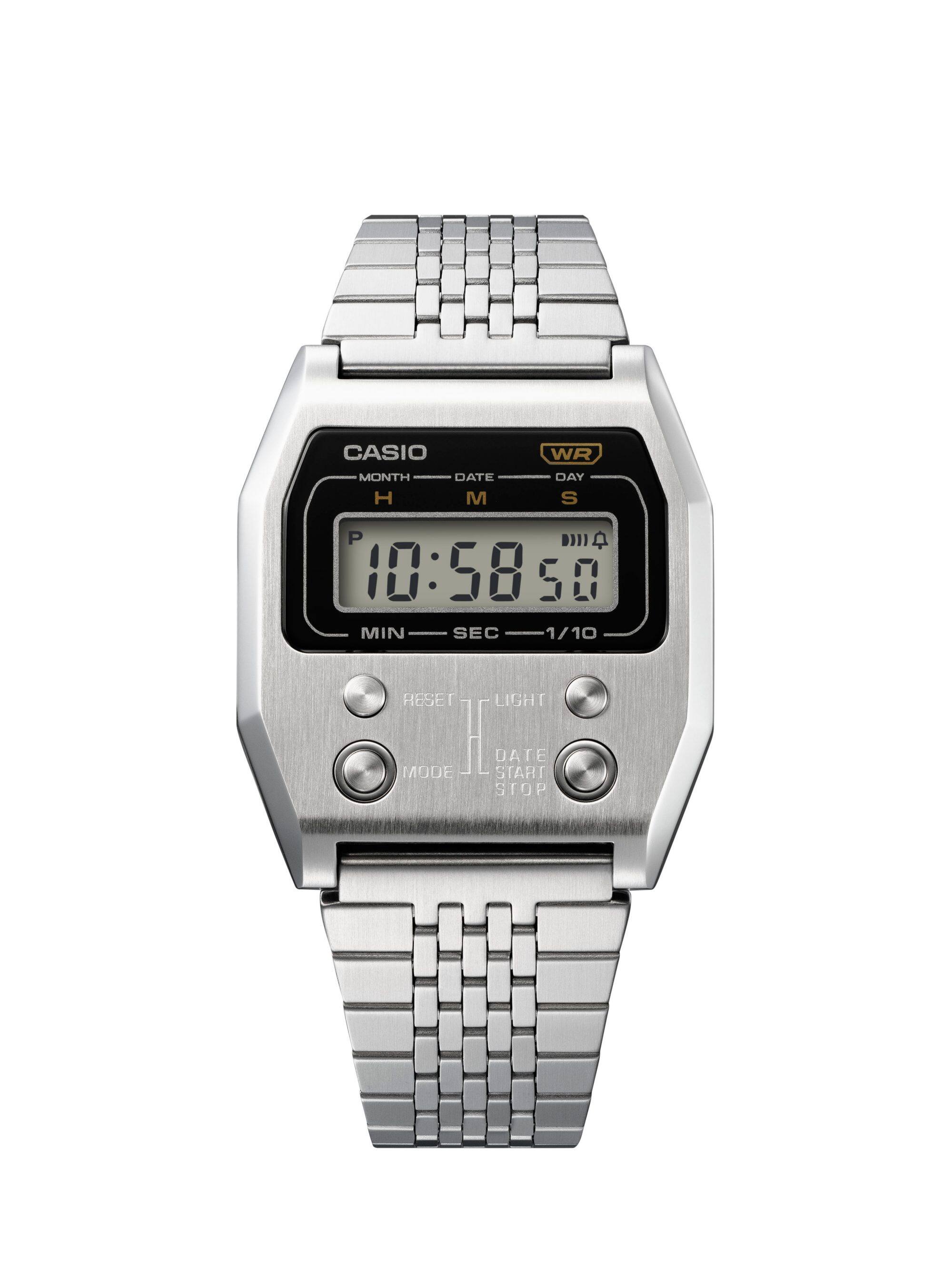 Die grau-silberne Armbanduhr A1100D-1 von Casio mit Metallarmband und kleiner digitaler Anzeige