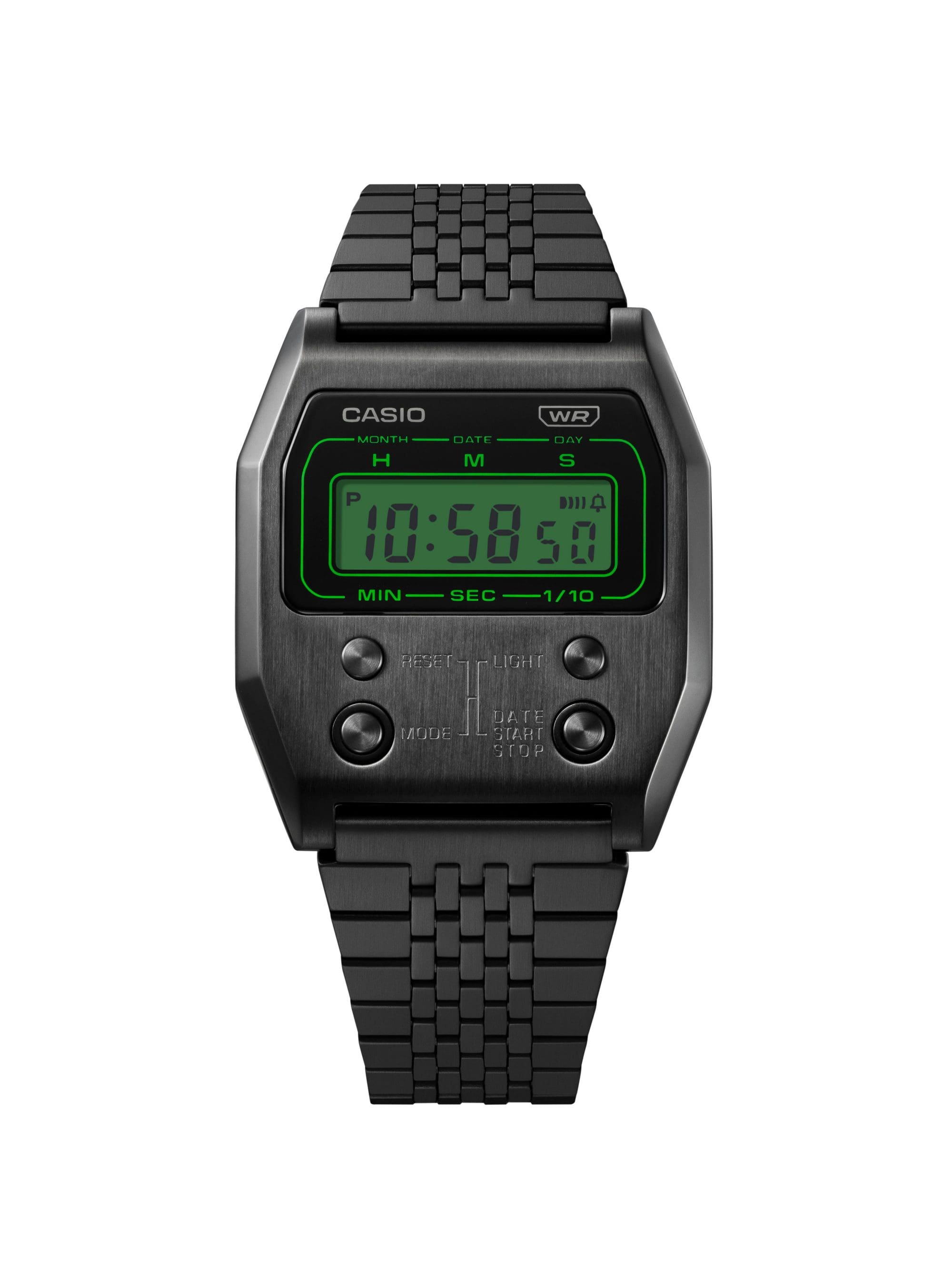 Die dunkelgraue A1100B-1 Armbanduhr mit Metallarmband und kleiner Digitalanzeige, die grün hinterlegt ist.