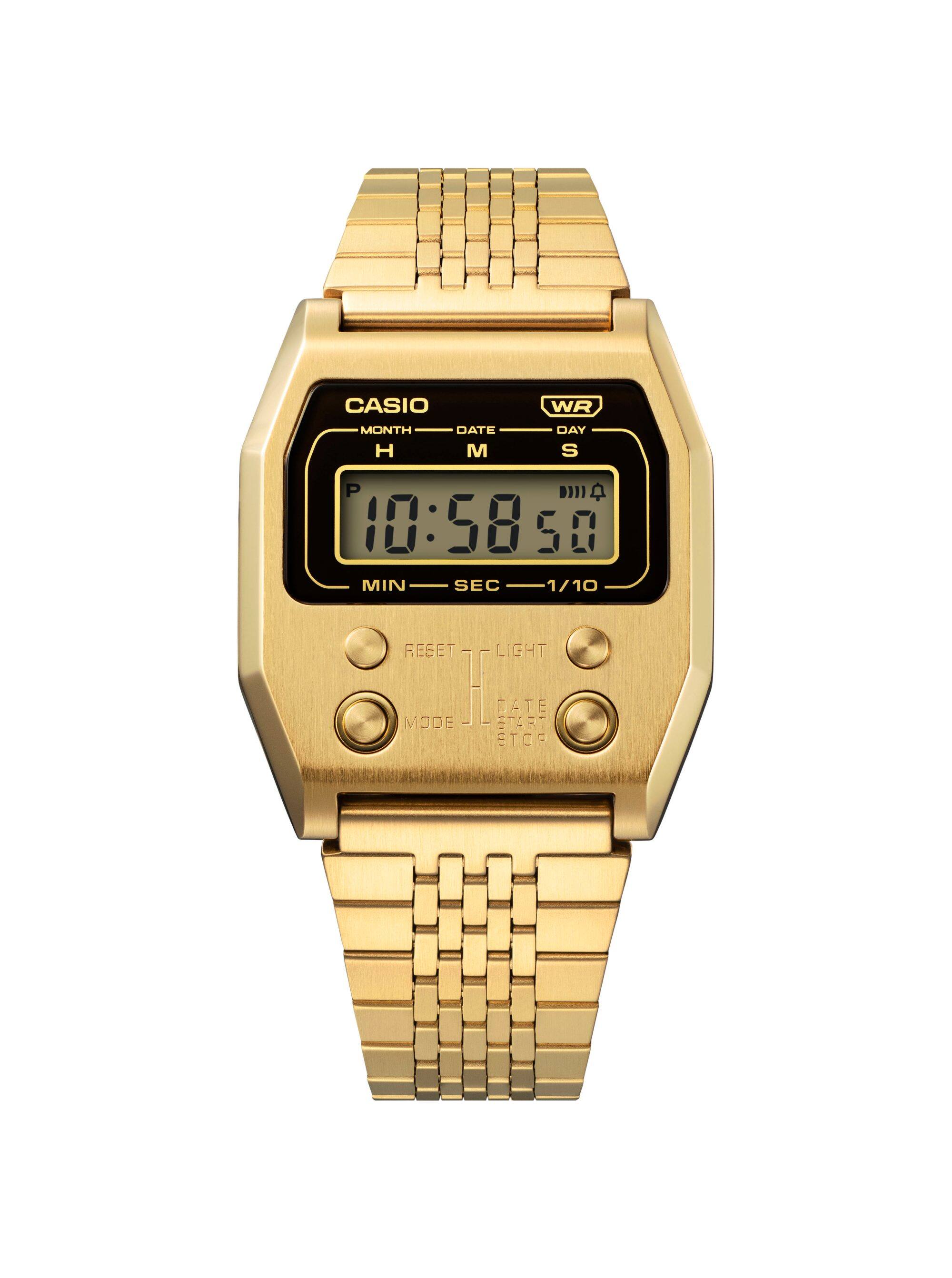 Die goldfarbene A1100G-5 Armbanduhr mit Metallarmband und kleiner digitaler Anzeige.