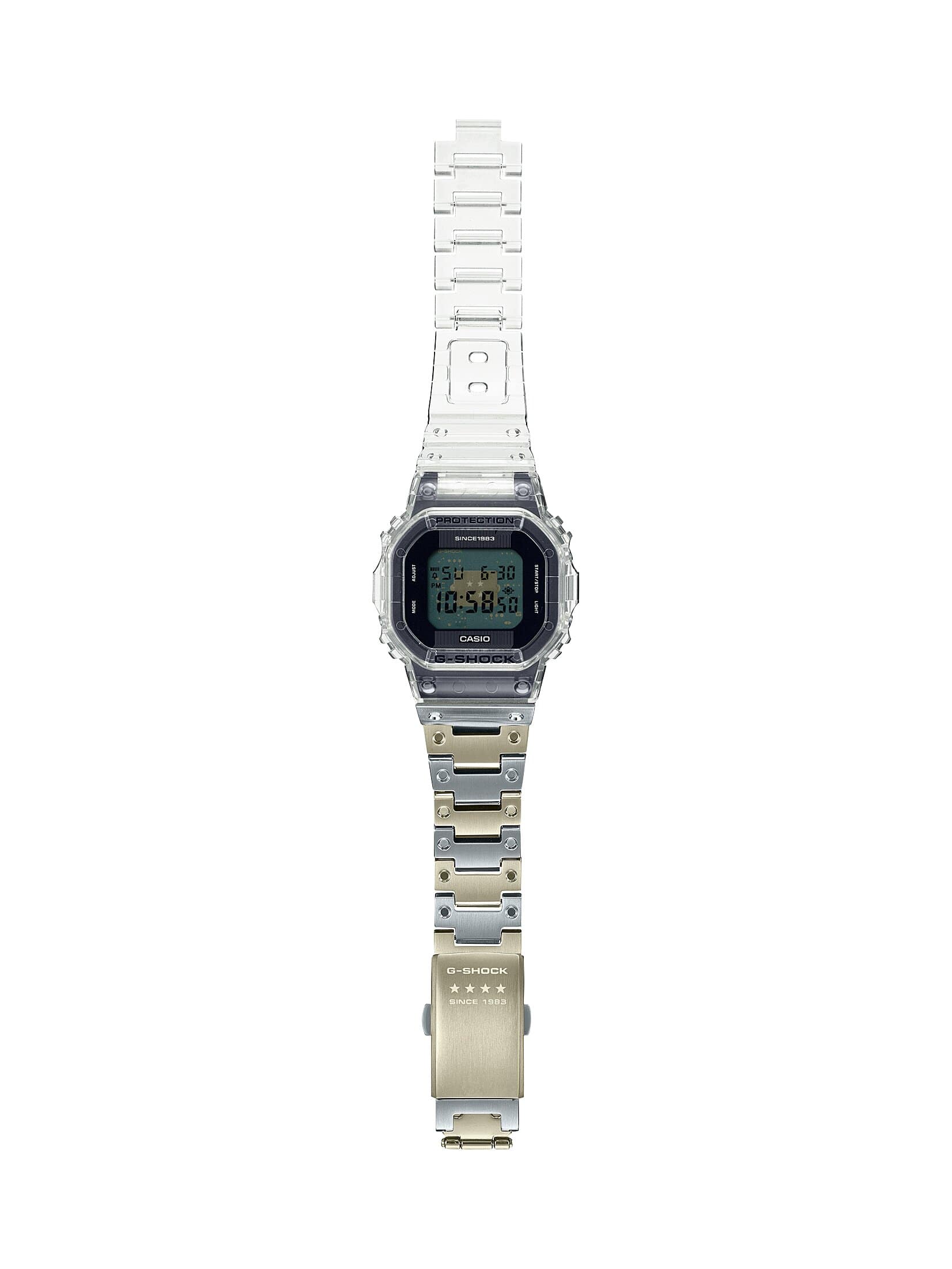 Die aufgeklappte Version der DWE-5640RX Armbanduhr mit halb metallenem, halb durchsichtem Resinarmband.