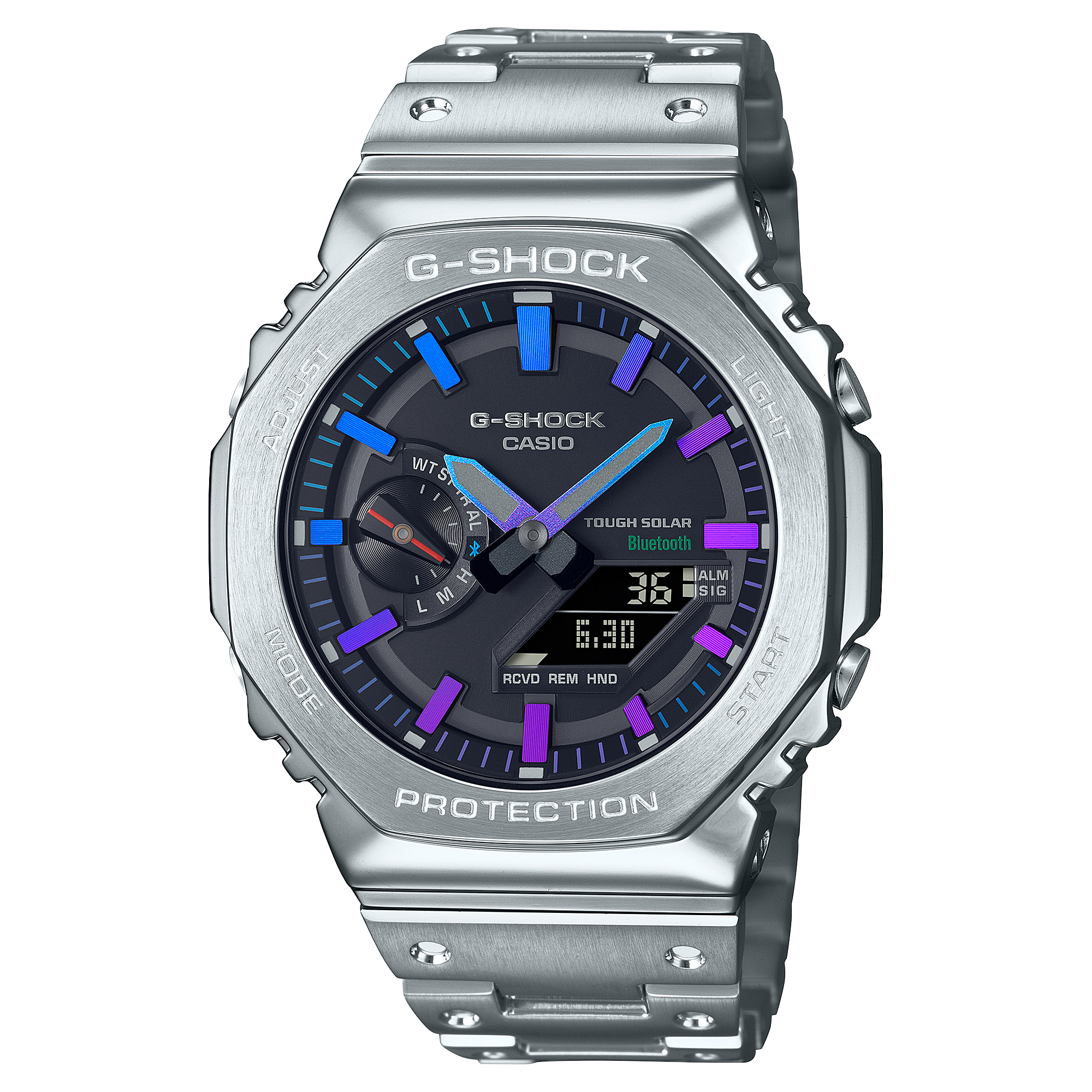 G-Shock Uhr GM-B2100PC mit achteckiger Lünette, silberfarbigem Metallband und lila-blauen Zeigern.