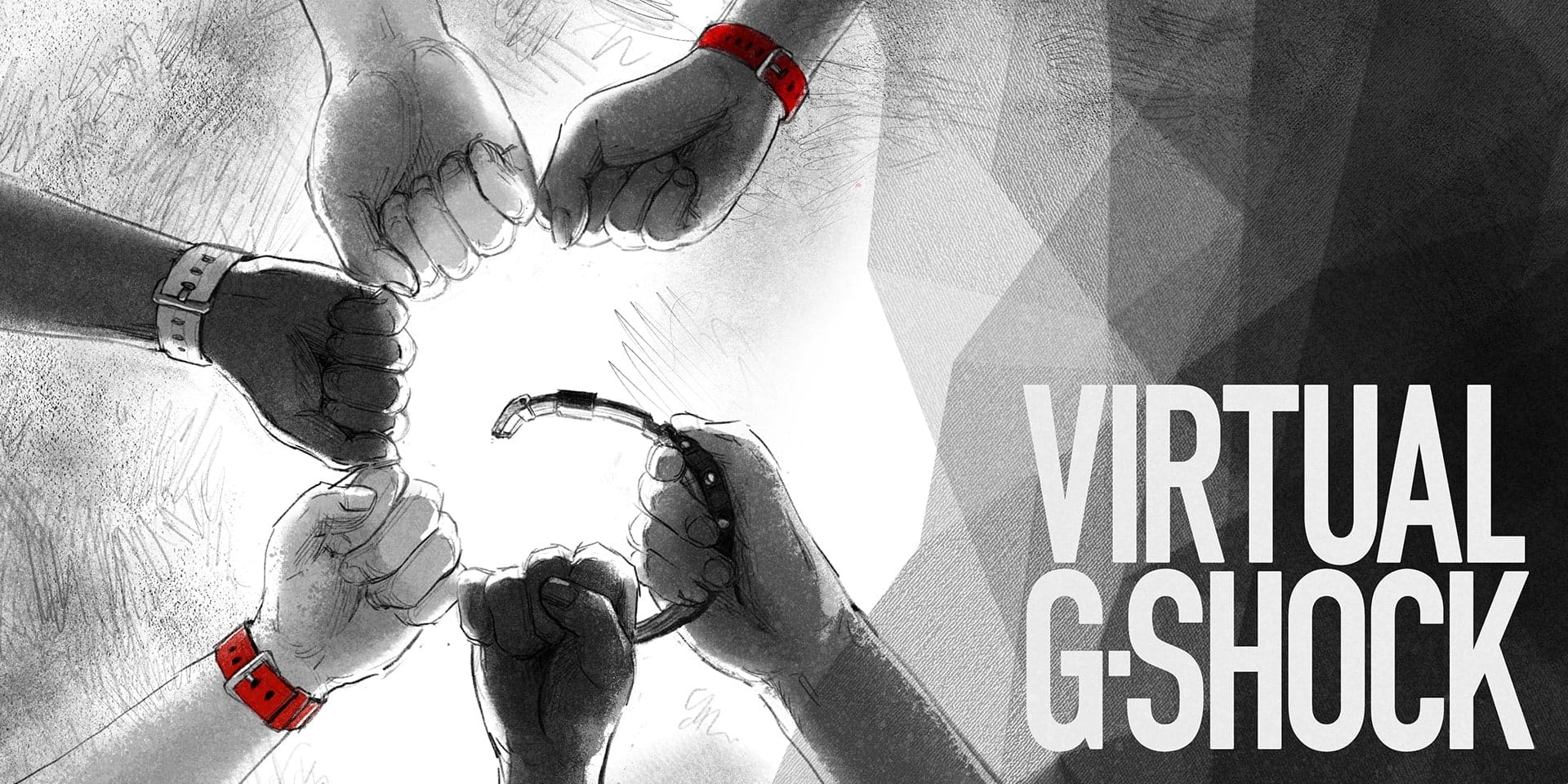 Hände zur Faust geballt mit G-SHOCK-Uhren um die Handgelenke vor einem abstrakten schwarz-weißen Hintergrund. Rechts daneben der Schriftzug "Virtual G-SHOCK".
