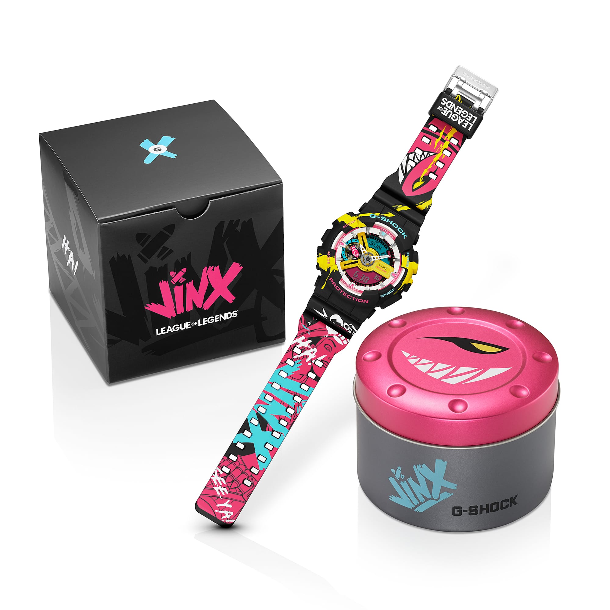 Der bunte Chronograph GA-110LL-1A von G-Shock und League of Legends neben seiner pink-grauen Verpackung.