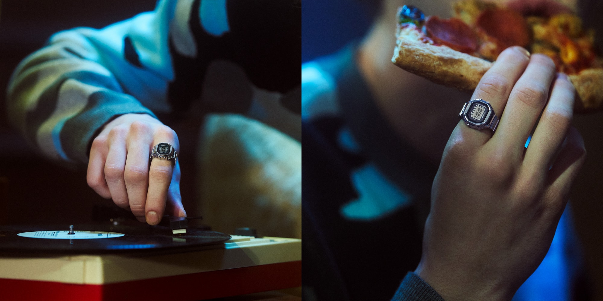 Links: Die Casio Ringwatch am Finger einer Person, die eine Schallplatte auflegt, rechts: die Ringwatch am Zeigerfinger einer Person, die Pizza isst.