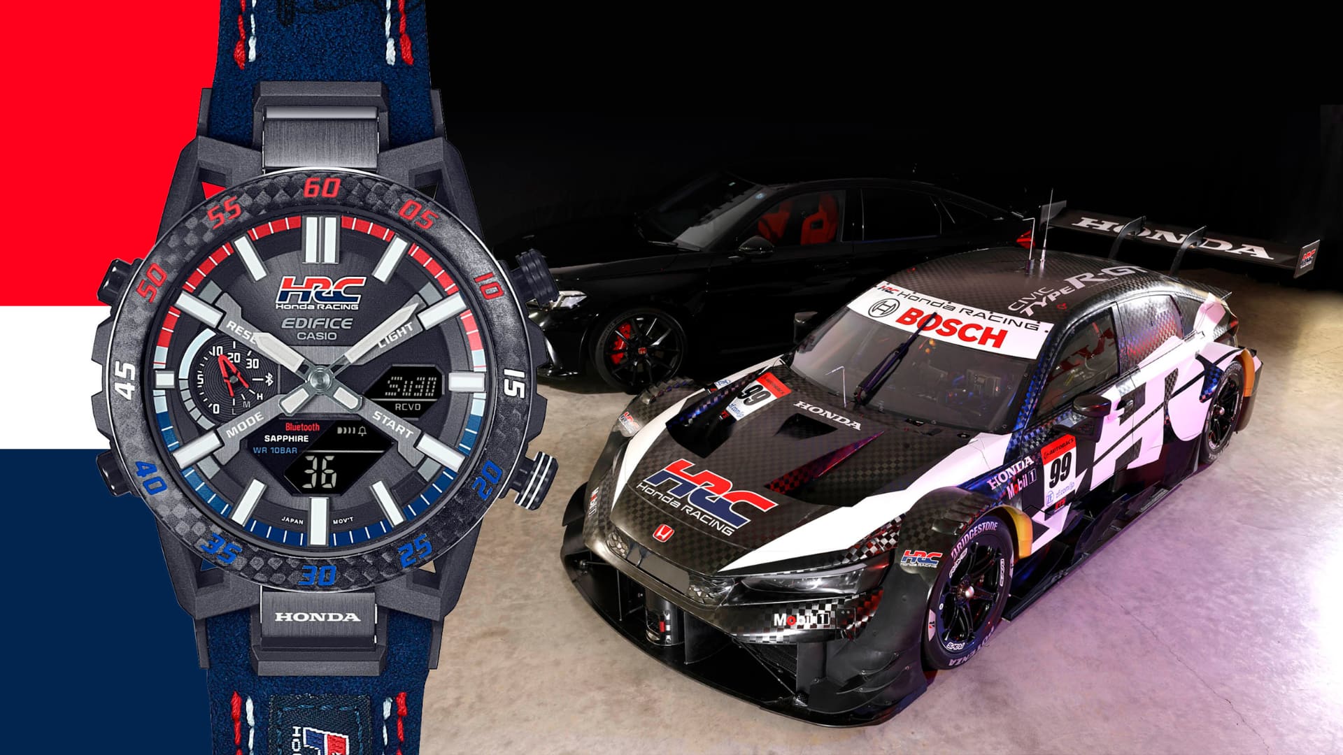 Kollaboration von EDIFICE und Honda Racing Links: Das Casio-Honda Racing Kollaborationsmodell Edifice ECB-2000HR-1A, rechts: Ein Honda Racing Rennwagen