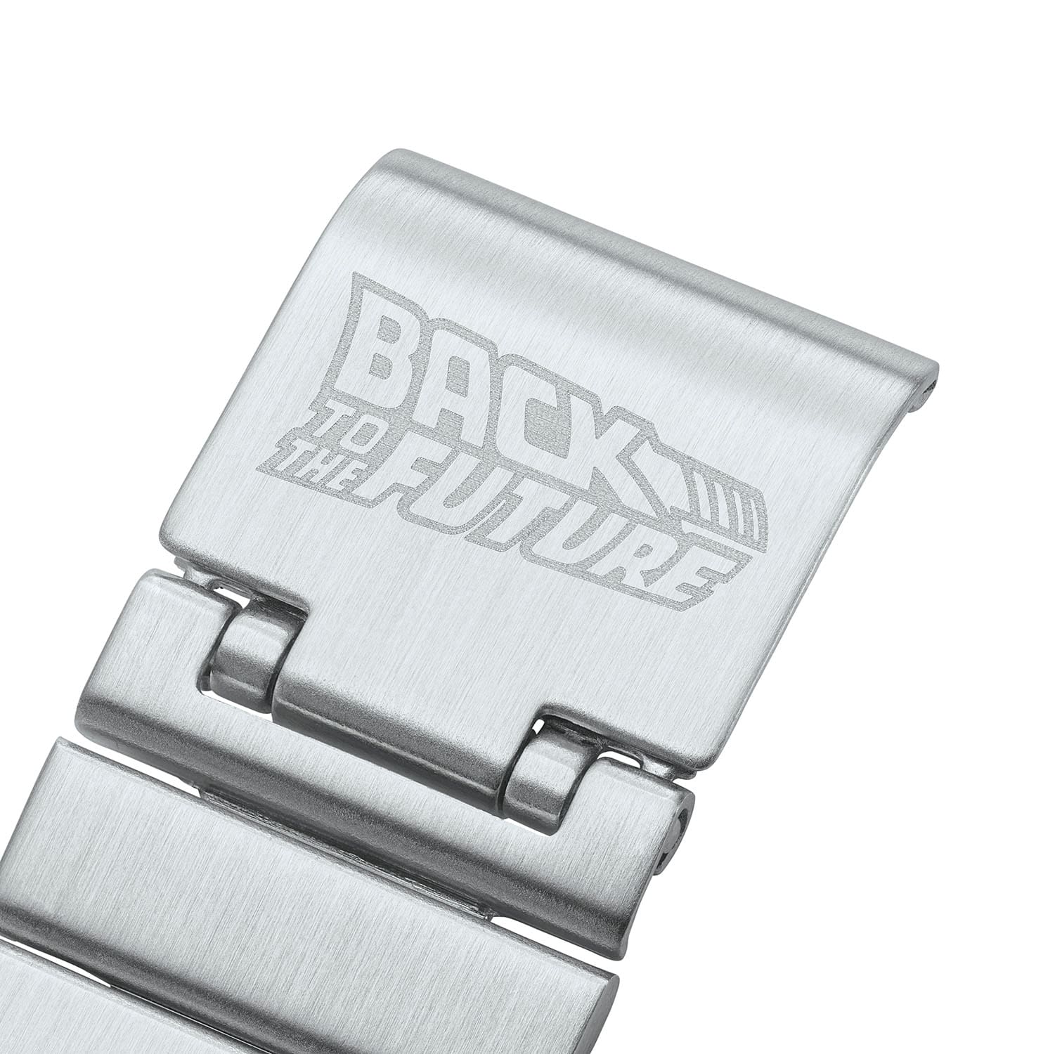 Nahaufnahme des Armbands mit "Back to the future" Aufdruck.