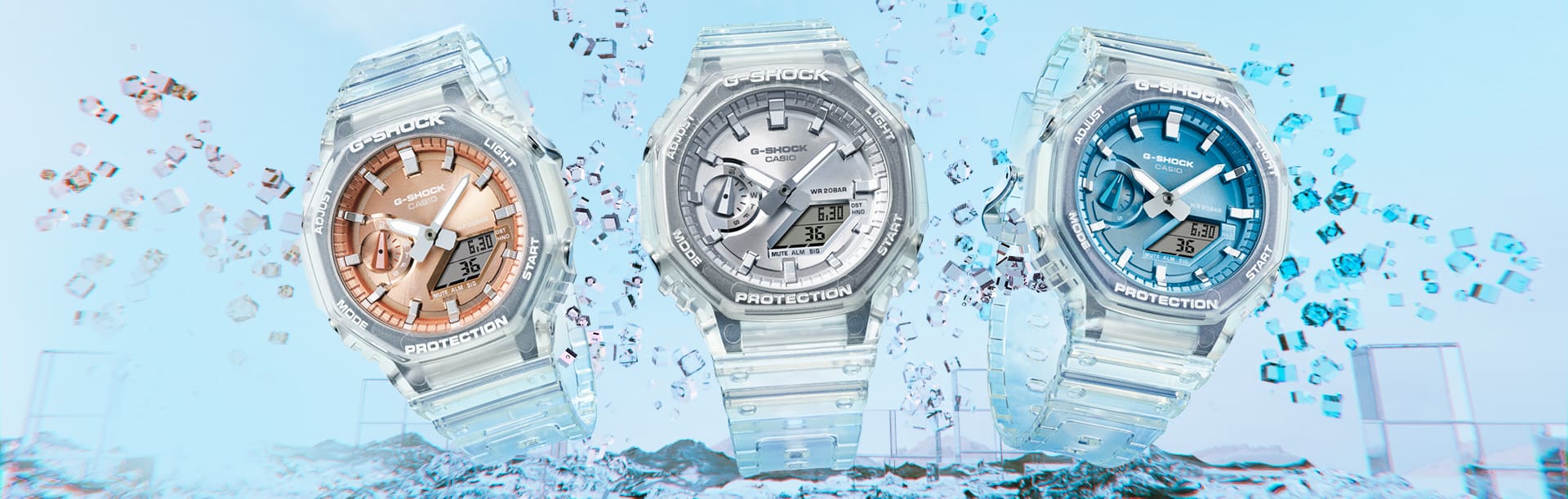 Die G-SHOCK Bright Metallic Serie mit transparentem Resinband und weißem, braunen und blauen Zifferblatt.