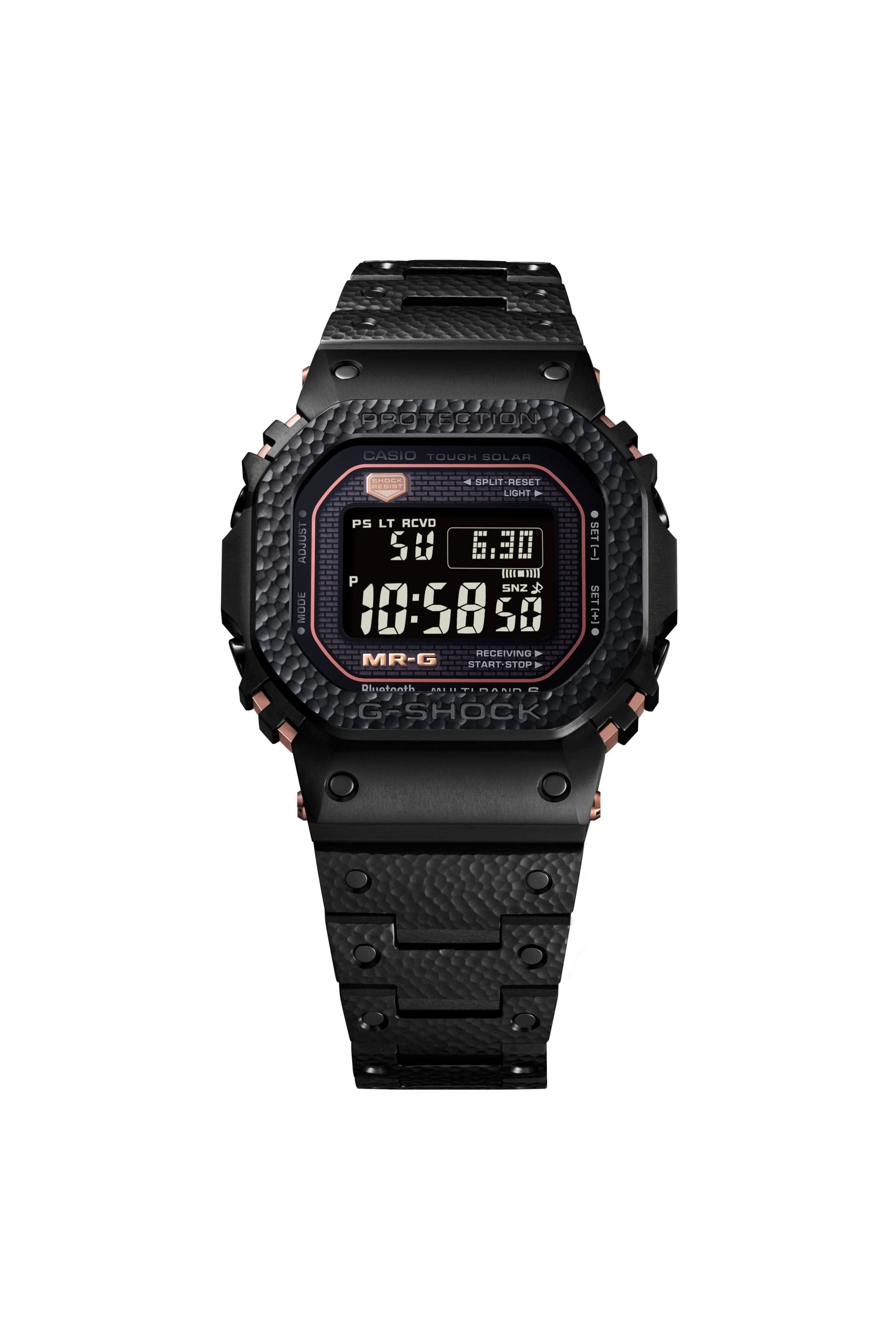 Die MRG-B5000HT mit schwarzem Zifferblatt, Display und Armband.