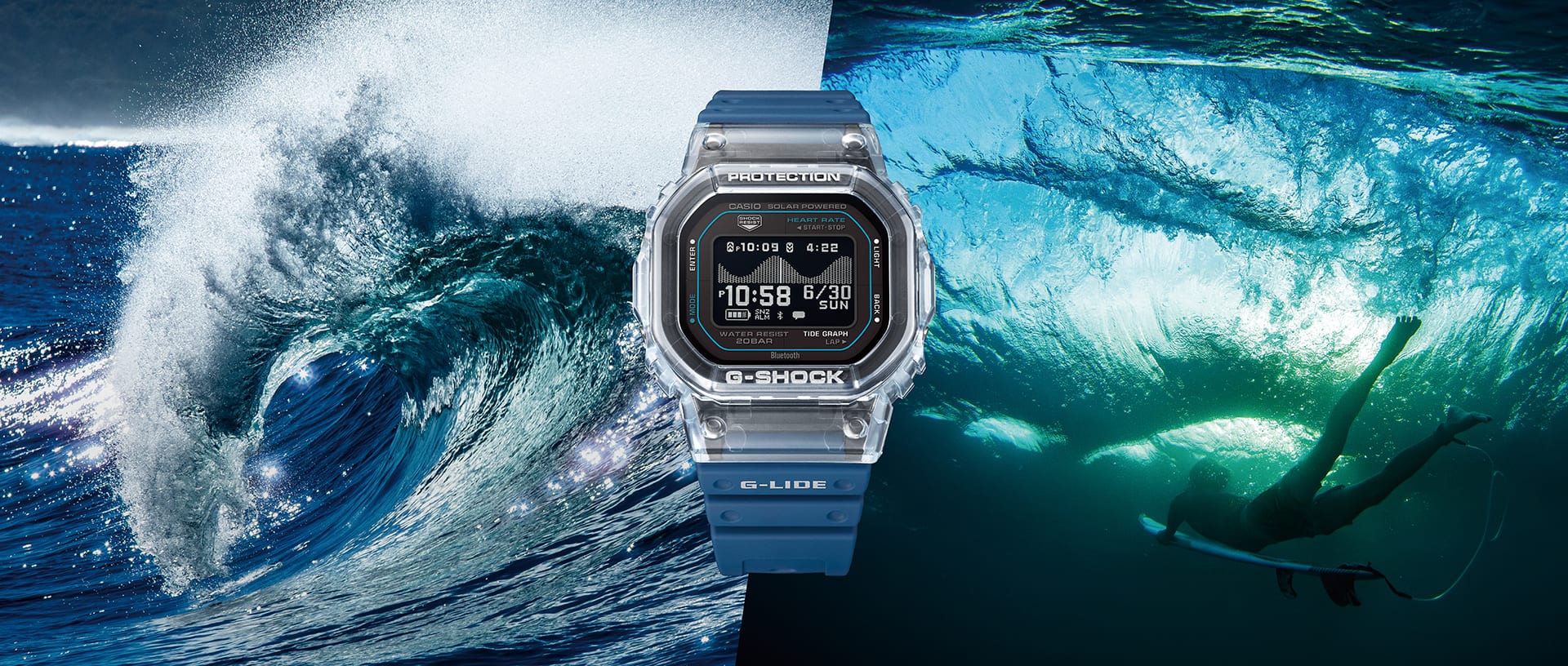 Casio G-Shock GBX-H5600 G-LIDE mit transparentem Gehäuse und blauem Armband vor einem Meereshintergrund.