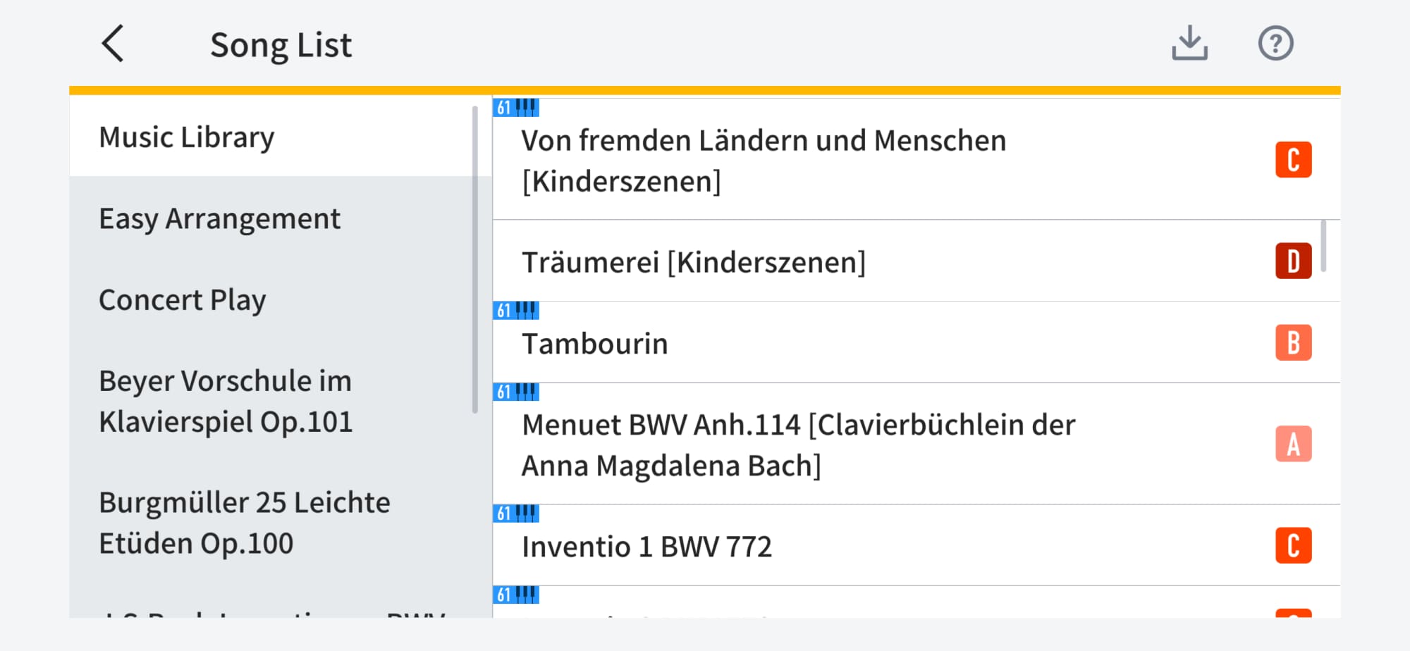 Die Liederliste der aufgenommenen Lieder