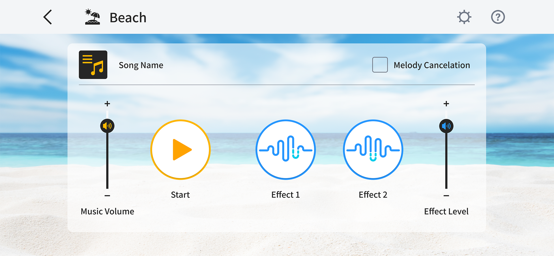 Ein Strand im Hintergrund und Buttons zum Einstellen im Vordergrund