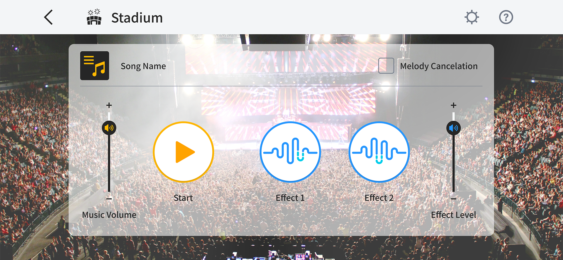 App-Anzeige "Live-Konzert-Simulator im Stadion" mit Einstellungsmöglichkeiten für Lautstärke und Effekt