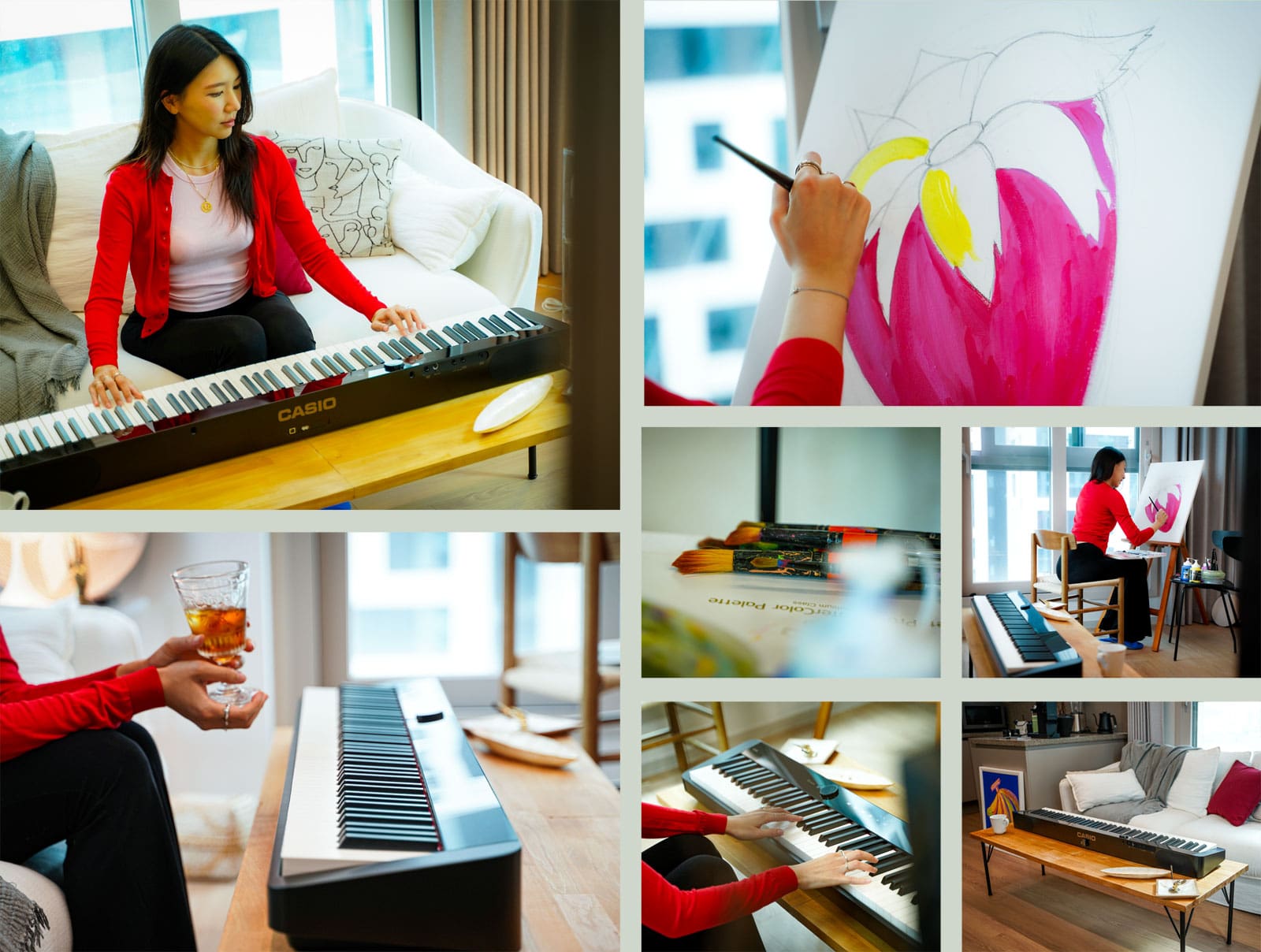 Bildergalerie mit Life-Style-Bildern von Jisoo Won und ihrem Leben mit dem schwarzen Privia Digitalpiano in ihrer Wohnung in Seouls Finanzviertel Yeouido.