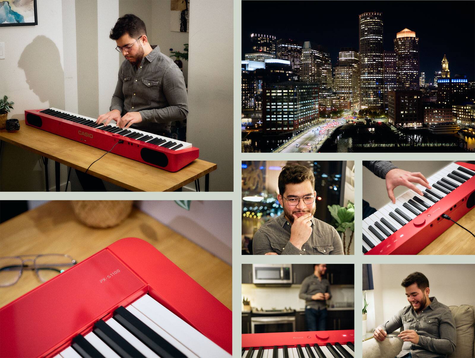 Bildergalerie mit Life-Style-Bildern von Pianist Oscar Rojas und seinem Leben mit dem roten Privia Digitalpiano in seiner Wohnung in Boston.