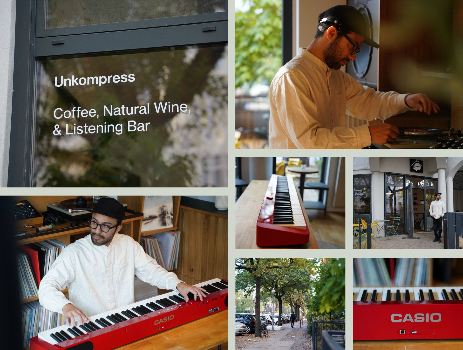 Bildergalerie mit Life-Style-Bildern aus dem Leben von Kevin Rodriguez mit seinem Priva Digitalpiano in seiner Unkompress Listening Bar in Berlin