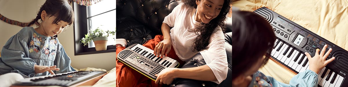 Collage von drei Personen in unterschiedlichem Alter, die mit den Mini Keyboards von CASIO spielen lernen