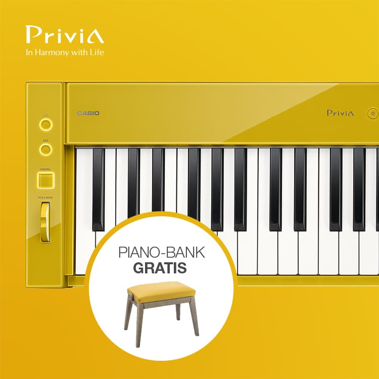 Das Privia PX-S1100 in senfgelb mit Abbildung einer kleinen gelben Piano Bank und der Aufschritt "Piano Bank gratis".