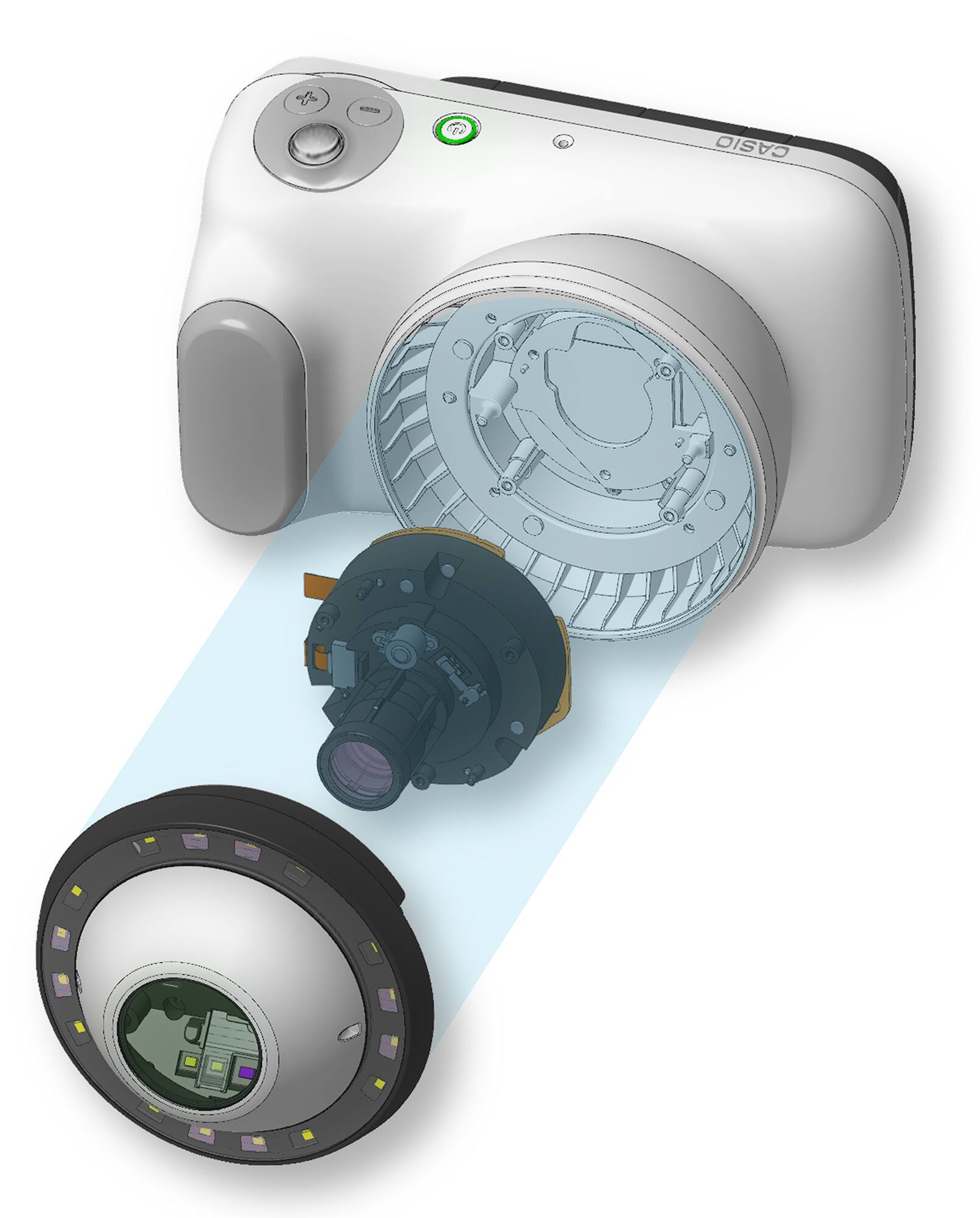 Einzelteile der dermatologischen Kamera DZ-D100 von CASIO mit großer, runder Linse und Knöpfen, um rein- und rauszuzoomen.