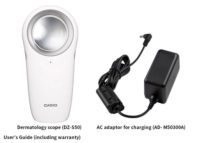 Das Dermatology scope (DZ-S50), ein Benutzerhandbuch und das Aufladekabel (AD-M50300A)