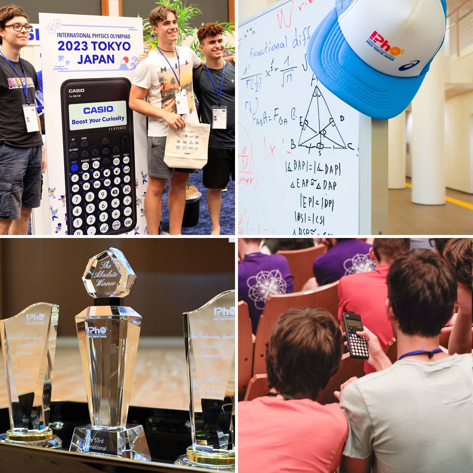 Collage von den Teilnehmenden der iPhO2023, einem Pokal und einer Tafel mit Funktionen darauf