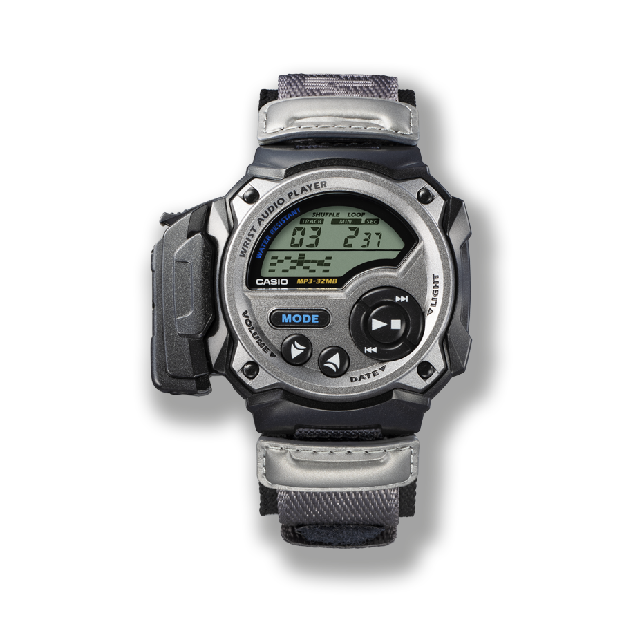 Die runde WMP-1 Digitaluhr mit eingebautem Audioplayer inklusive Pause-/Playbutton im Gehäuse.