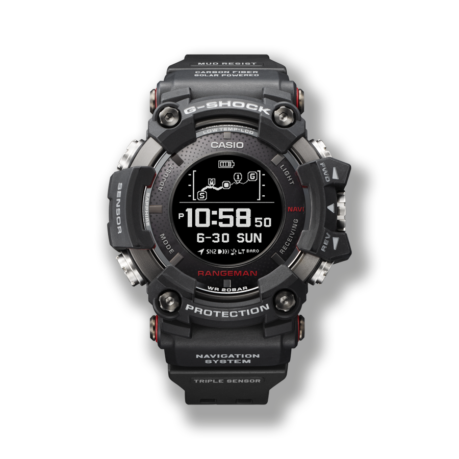 Die grau-schwarze Armbanduhr GPR-B1000 mit massivem, rundem Gehäuse und kleiner digitaler Anzeige