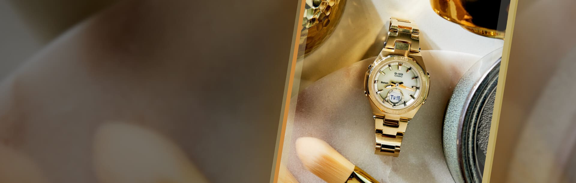 Die GM-S Armbanduhr von BABY-G in gold mit analogem, hellem Zifferblatt und digitaler, runder Datumsanzeige im Zifferblatt.