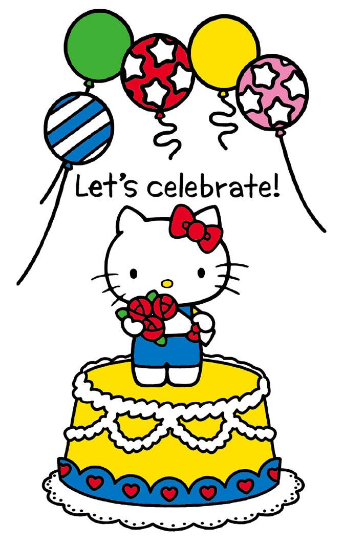 Die Hello Kitty Figur auf einer Torte, darüber der Schriftzug "Let's celebrate"