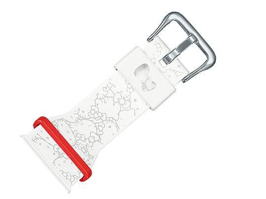 Das weiße Armband der Hello Kitty Kollaborationsuhr mit grauen Outlines der Figur.