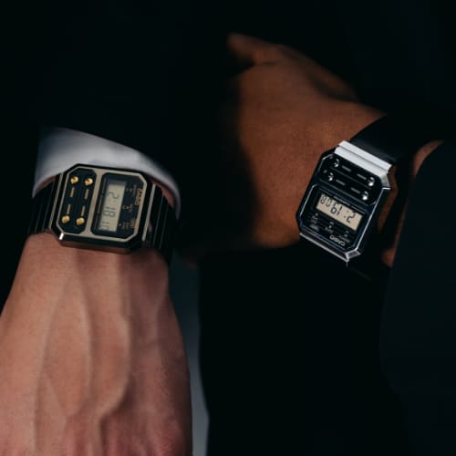 Tragebild: Casio Vintage Armbanduhr A100WEL-1 in schwarz mit 4 Knöpfen