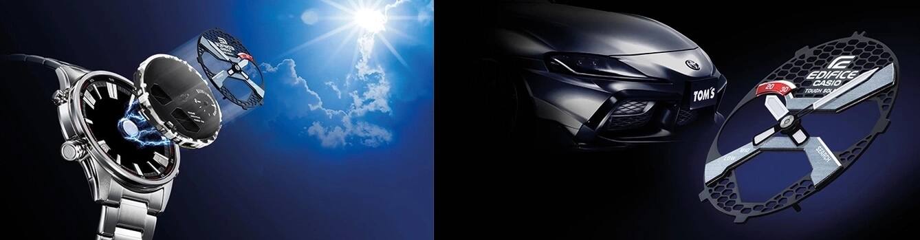 Zwei Bilder von EDIFICE-Armbanduhren nebeneinander, die Solarenergie und Präzision vermitteln