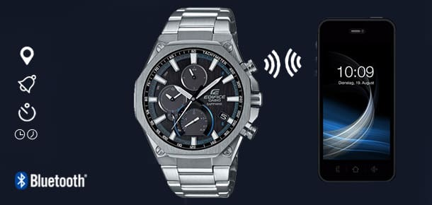 Der EDIFICE Chronograph EQB-1100D-1A mit Edelstahlarmband neben einem Smartphone