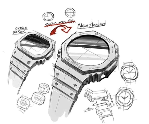 Skizze eines GA-2100 Models mit Fokus auf Zifferblatt und Armband