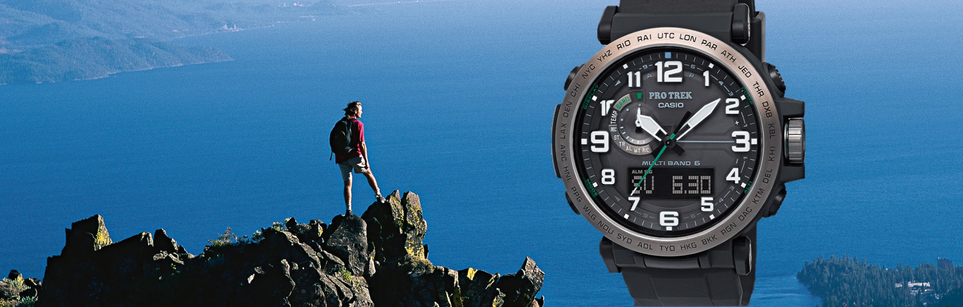 Die PRW-6600Y wird im Vordergrund abgebildet, dahinter sieht man einen Bergsteiger.