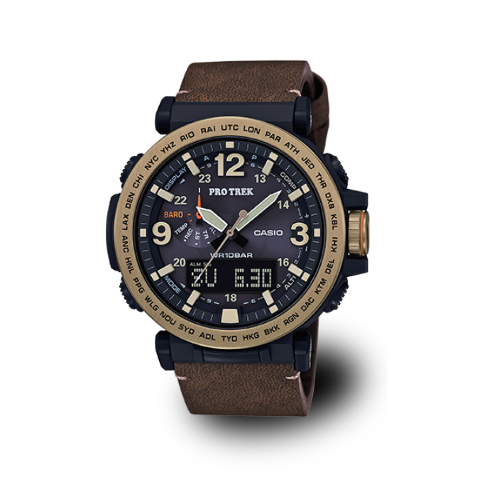 Die PRO TREK "PRG-600YL-5ER" mit braunem Lederarmband und runder, analoger Anzeige sowie kleinem integriertem Datumsdisplay.