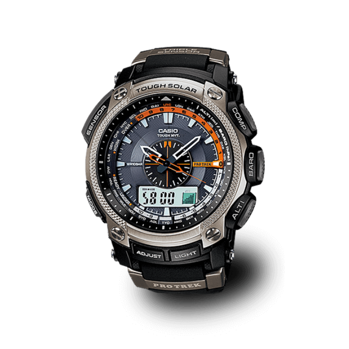 Die schwarze PRW-5000 Armbanduhr mit analoger Anzeige und kleinem Digitaldisplay darin; sowie silbernen und roten Details.