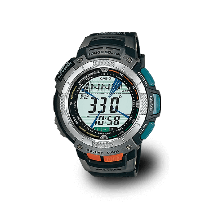 Die PRW-1000 in schwarz-grün mit Digitalanzeige, Resinarmband und markanten orangenen Details.