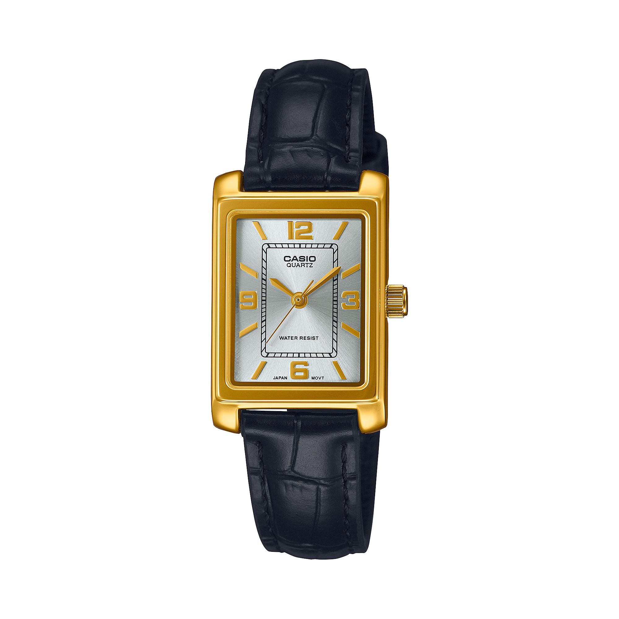 Die LTP-1234PGL-7A2 mit schwarzem Lederarmband und goldener Lünette aus der Casio Timeless Collection