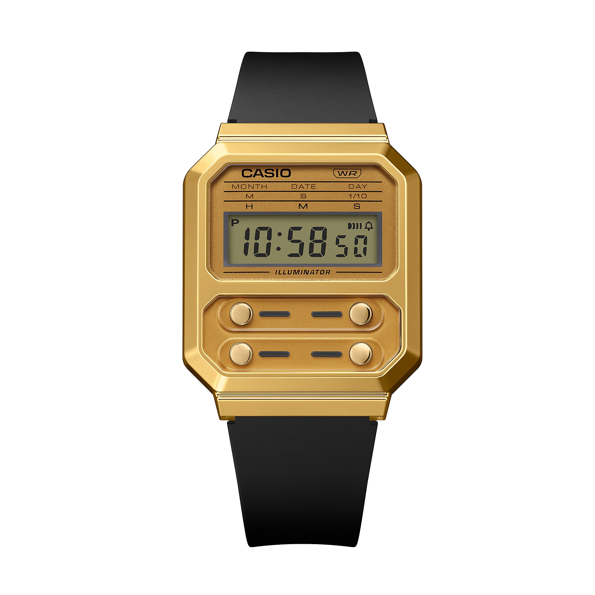 Die Casio Vintage A100WEFG-9A Digitaluhr mit schwarzem Armband und goldenem Zifferblatt im Retro-Look