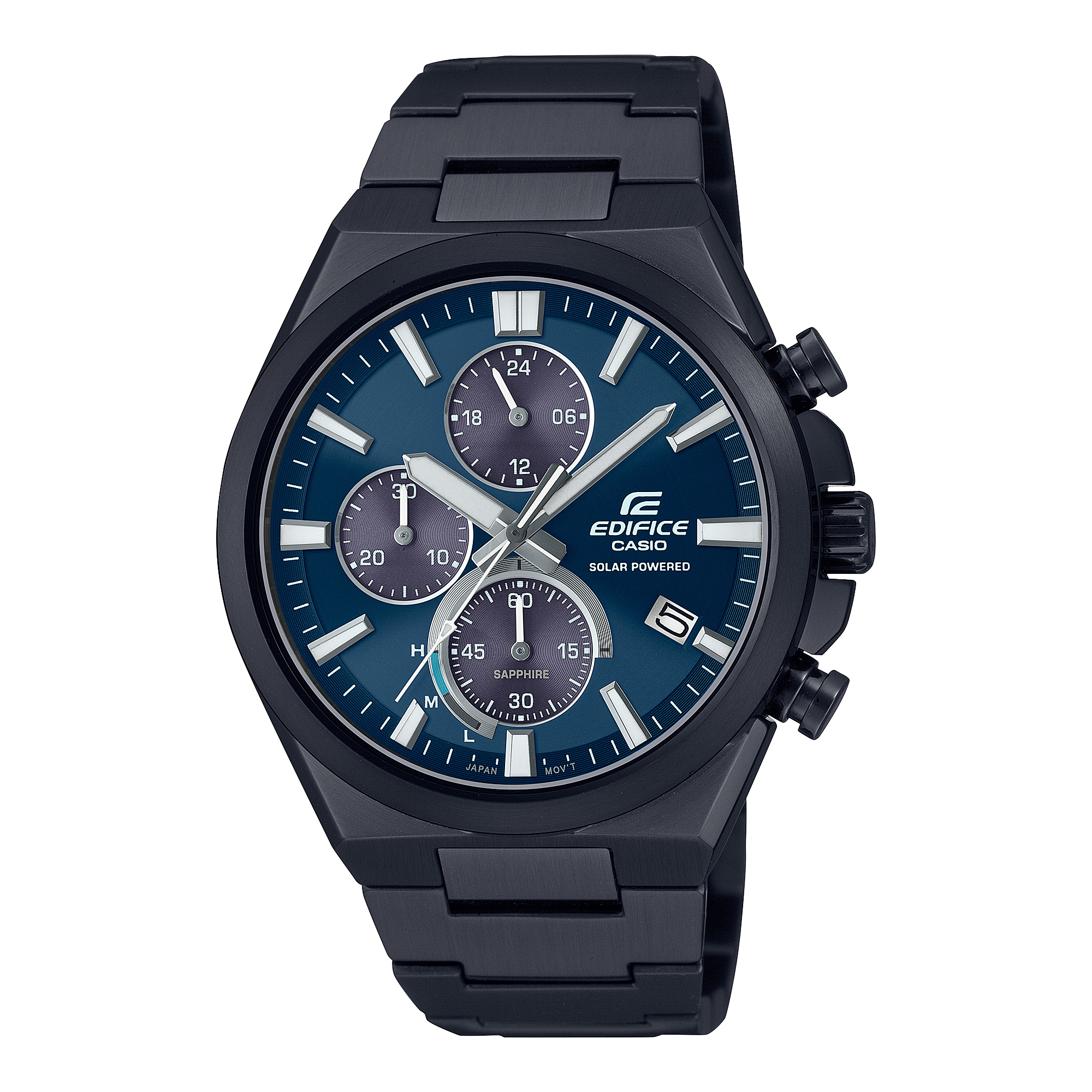 Der solarbetriebene Chronograph EFS-S630DC-2AV in schwarz mit blauem Zifferblatt