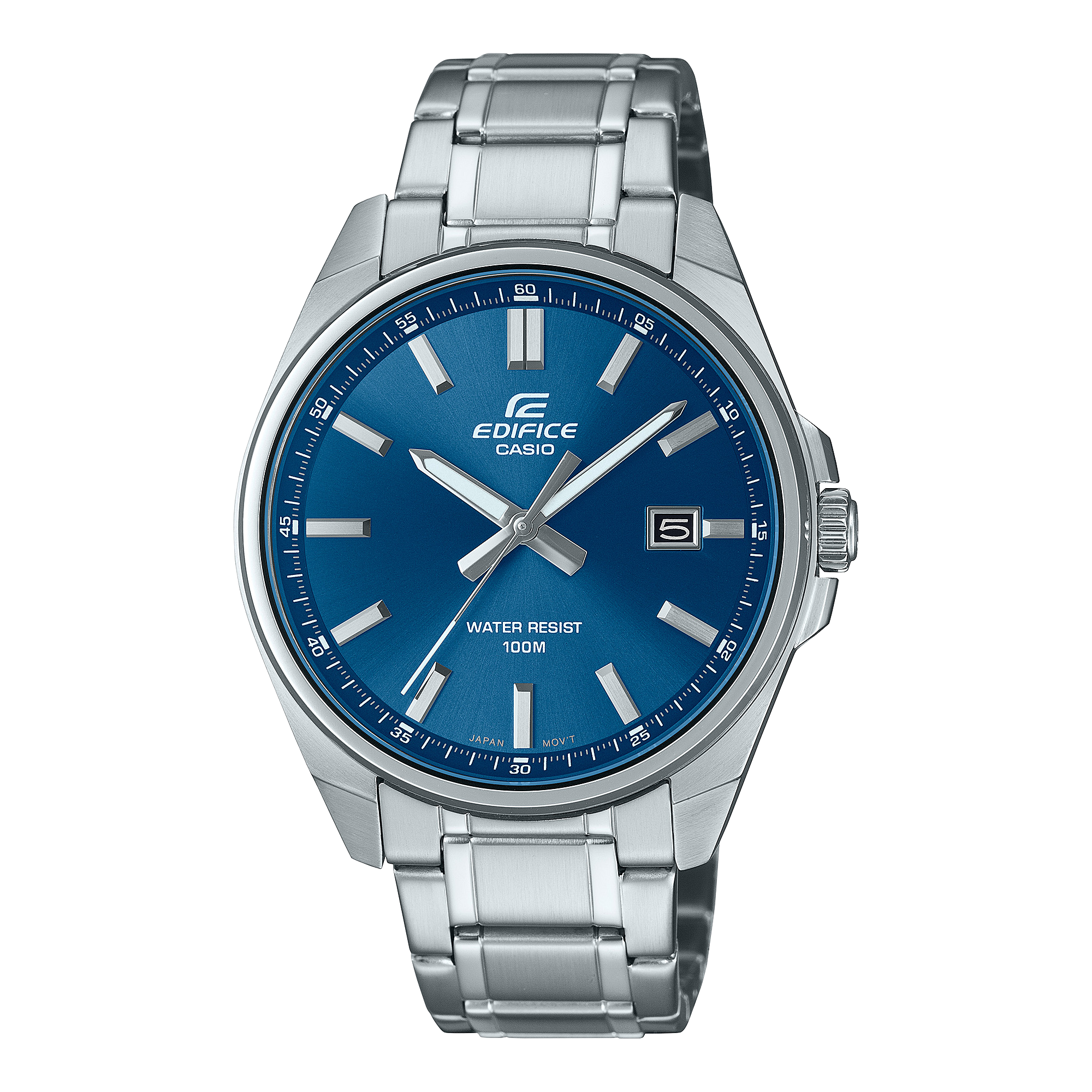 Die Casio Dresswatch EFV-150D-2AV von Edifice mit blauem Zifferblatt und silbernem Edelstahlarmband