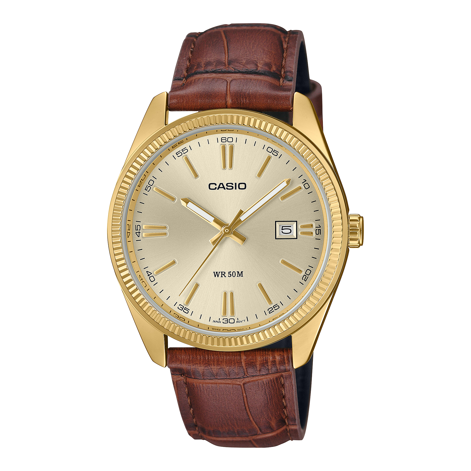 Die Casio Dresswatch MTP-1302PGL-9AV mit goldglänzendem Zifferblatt und braunem Lederarmband