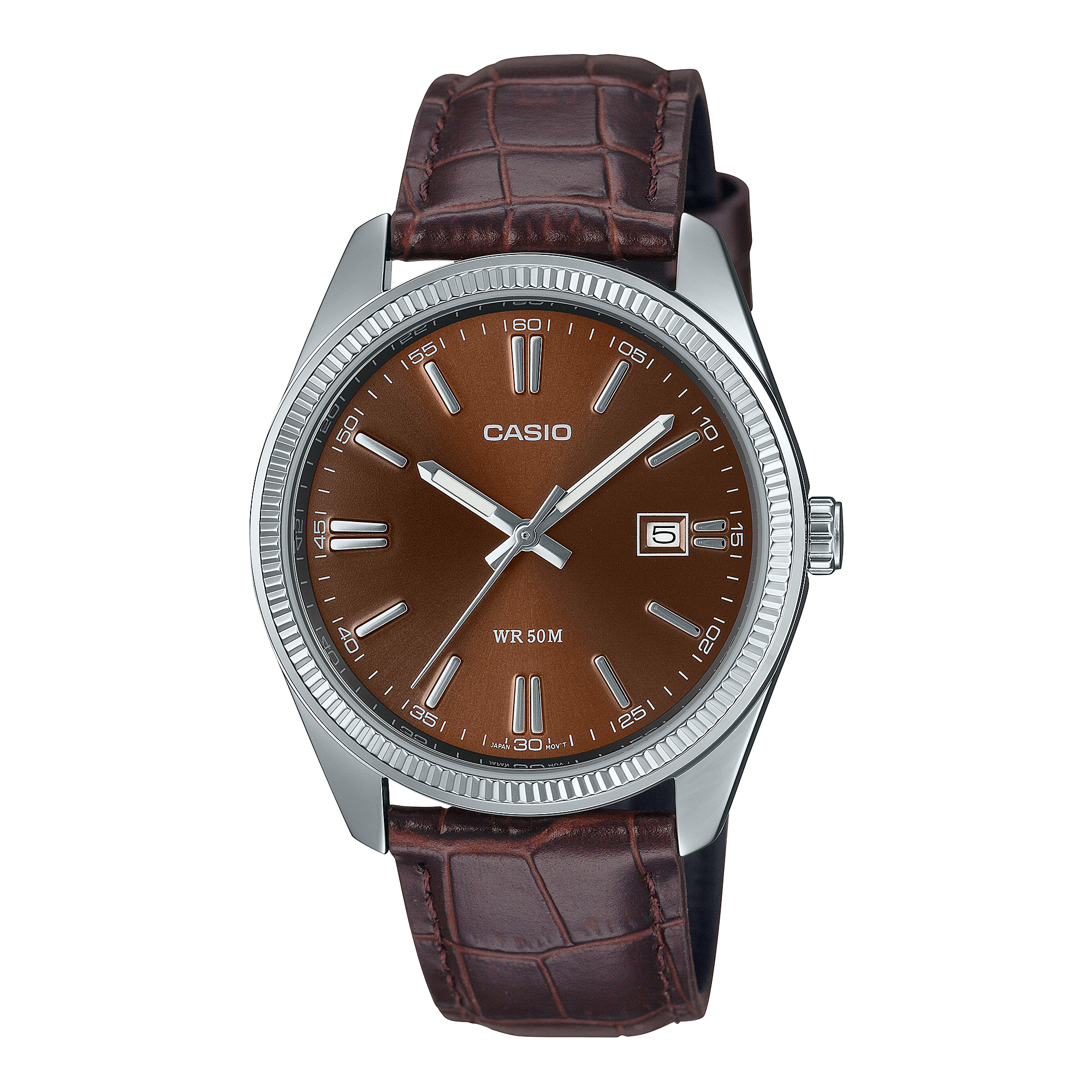 Die analoge MTP-1302PL-5AV Armbanduhr mit braunem Lederarmband, braunem Zifferblatt und silberfarbener Lünette