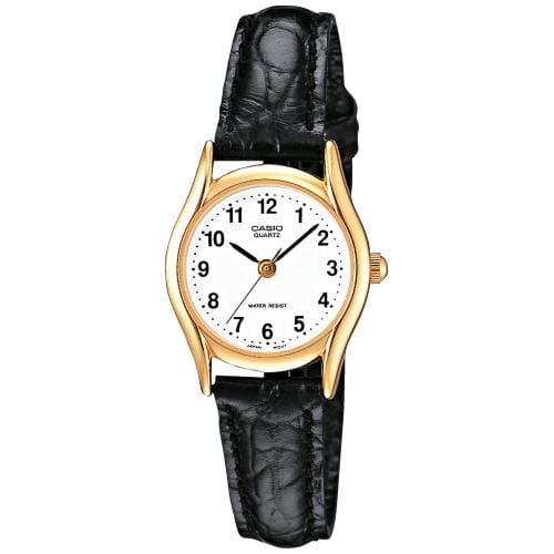 Die LTP-1154PQ-7B Analoguhr mit schwarzem Lederarmband, goldener Lünette und weißem Zifferblatt mit schwarzen Ziffern