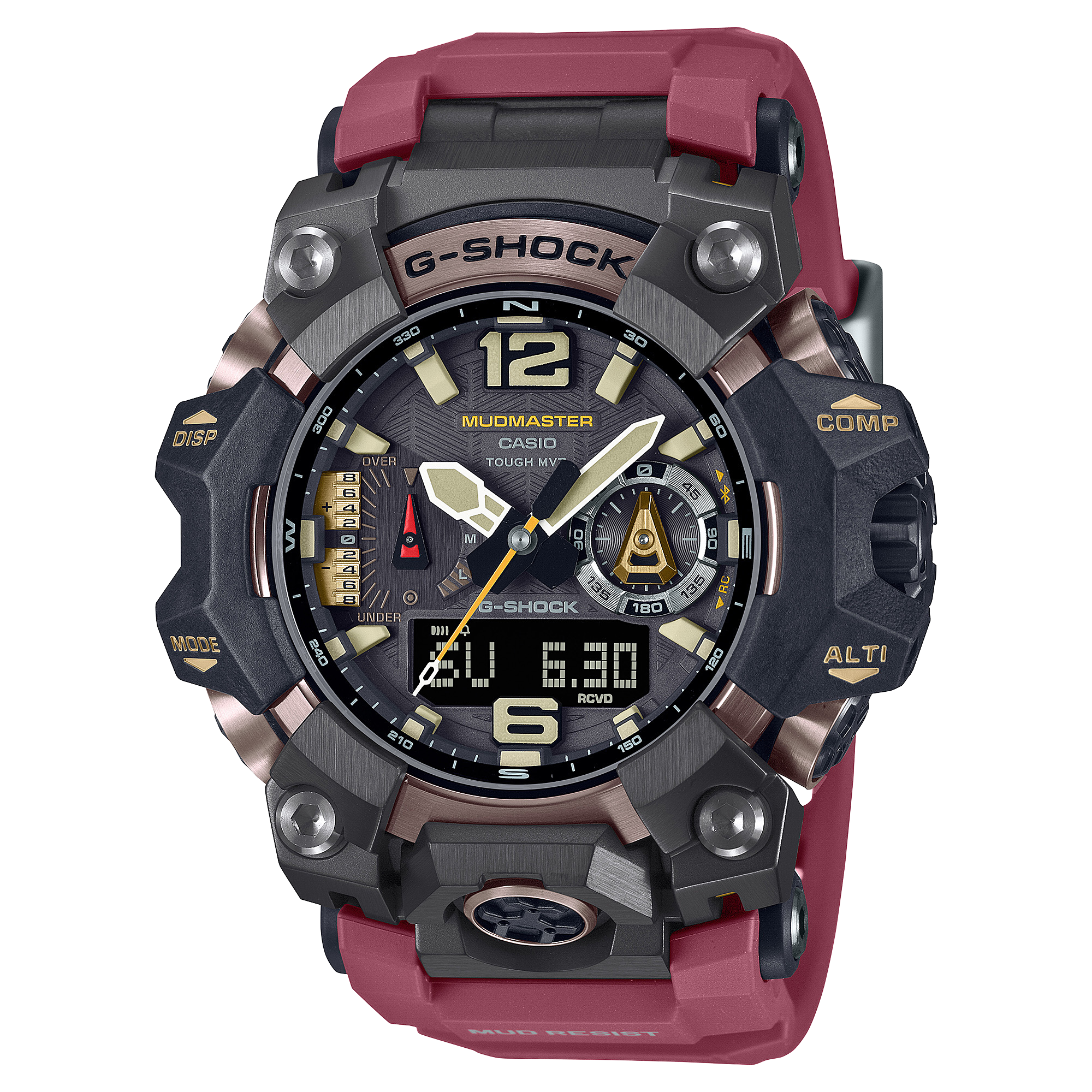 Die G-Shock Master of G Mudmaster Hybrid-Armbanduhr GWG-B1000-1A4 mit weinrotem Resinarmband, schwarzem Zifferblatt und schwarzem Gehäuse