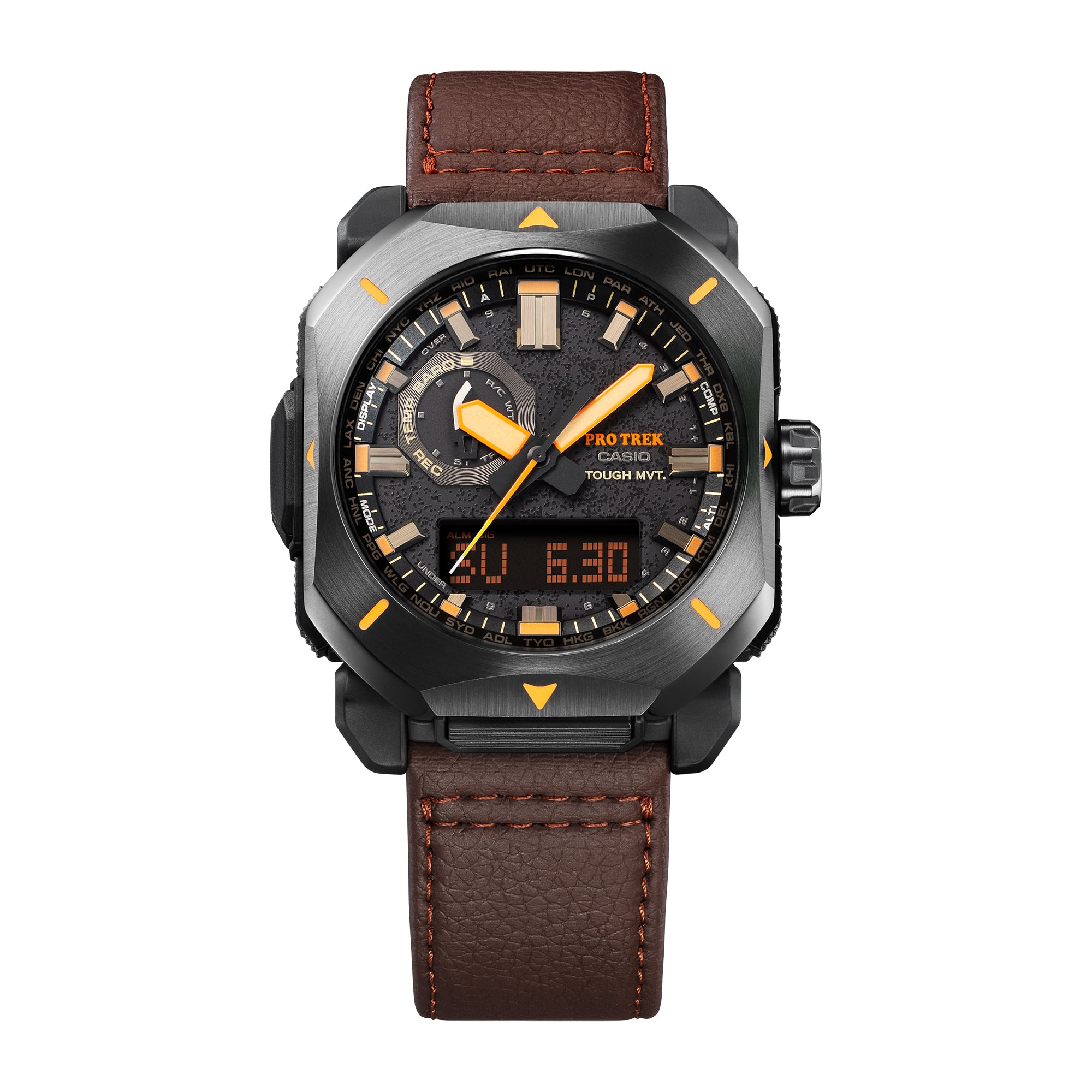 Die PRW-6900YL-5 mit einer schwarzen Lünette und einem braunen feuerfesten Lederarmband